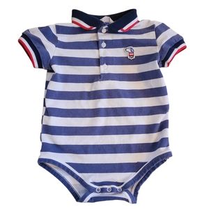 Mayoral blue, white, and red striped polo collar onesie bodysuit